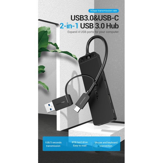 Vention 4-Port USB 3.0 Hub with Type C & USB 3.0 2-in-1 Interface and Power Supply 0.15M ABS Type - Vertexhub Shop-vention