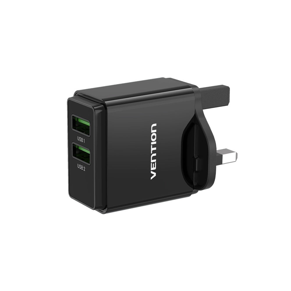 Vention Two-Port USB(A+A) Wall Charger (18W/18W) UK-Plug Black - Vertexhub Shop-vention