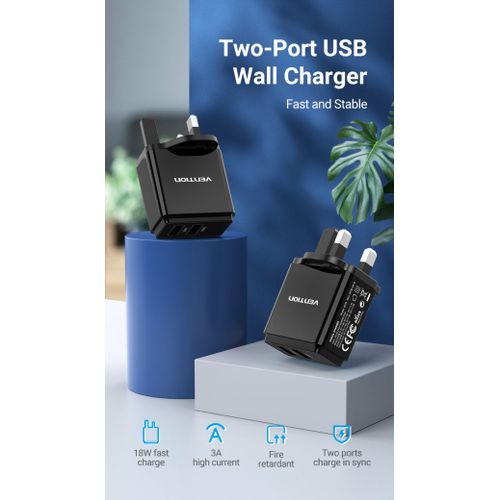 Vention Two-Port USB(A+C) Wall Charger (18W/20W) UK-Plug Black - Vertexhub Shop-vention