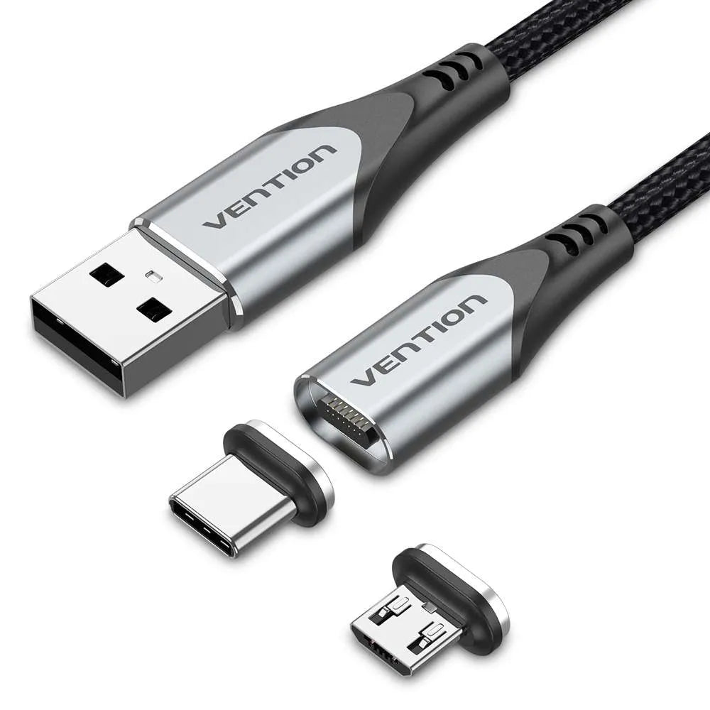 Vention USB 2.0 A Male to 2-in-1 Micro-B&USB- C Male Magnetic Cable 1M Gray - Vertexhub Shop-vention