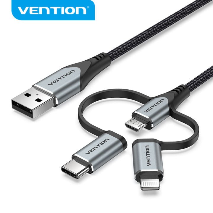 Vention USB 2.0 A Male to 3-in-1 Micro-B&USB-C&Lightning Male Cable 1M Gray Aluminum Alloy Type - Vertexhub Shop-vention